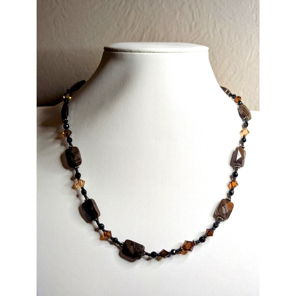 Black & Brown Crystal & Agate Stone Beaded 18" Necklace with Swirl Hook Clasp